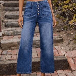 SHEIN Medium Blue High-Rise Boyfriend Jeans with Button Fly